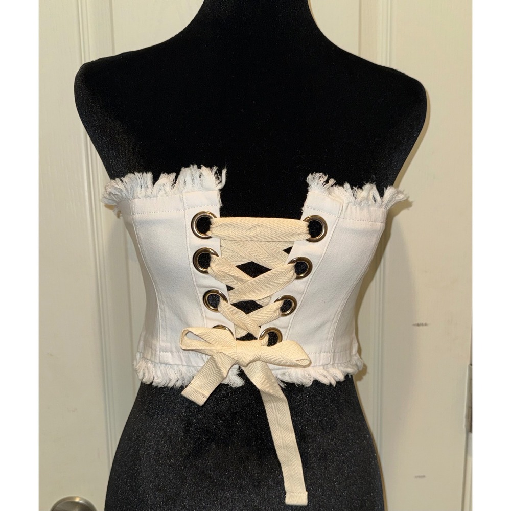 Essue White Denim Corset Tube Top Lace Up Frayed Strapless Zip Back NWT Small